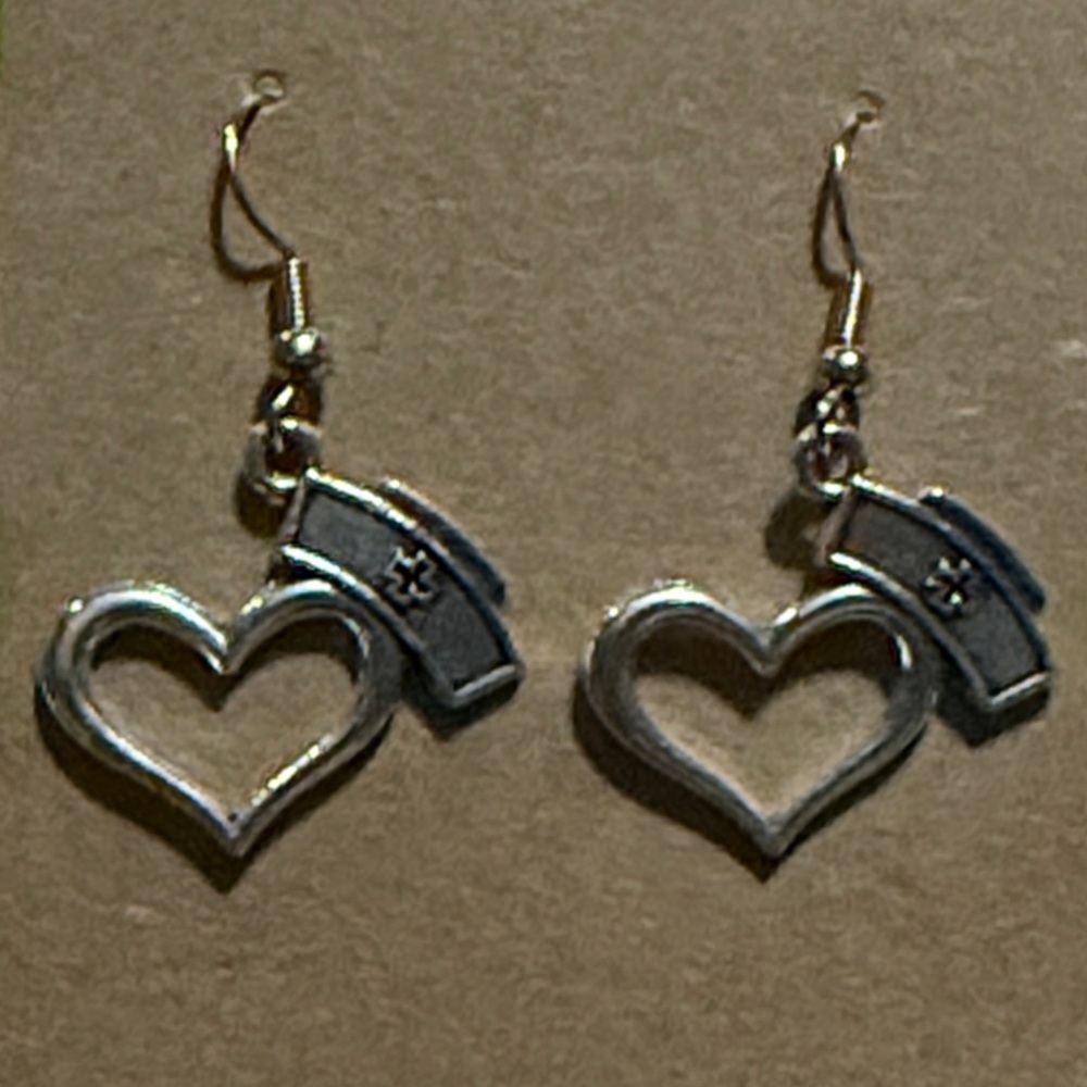 Silver Heart with Nursing Hat Earrings - Picture 5 of 5